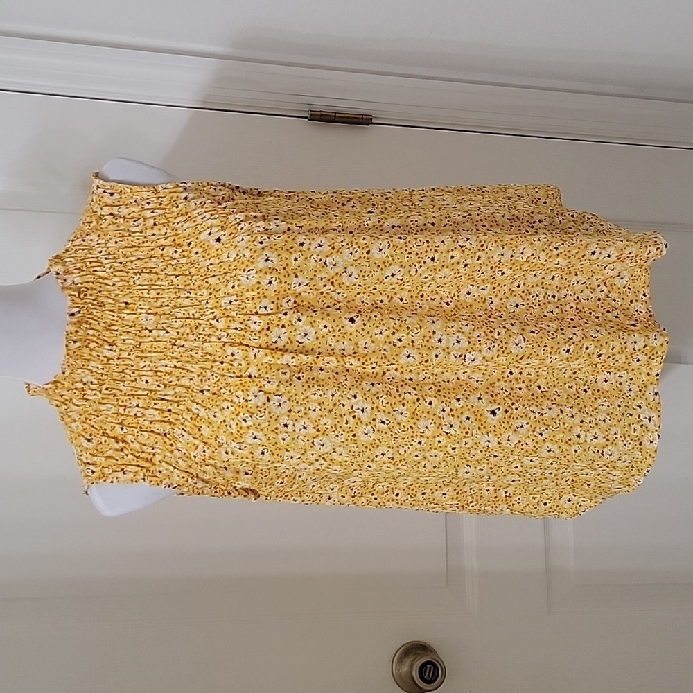 Pleione Size S Yellow w/White Ditzy Floral Ruched High Neck Sleeveless Blouse